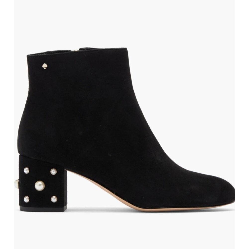 Kate Spade Womens Black Suede Faux Pearl Block Heel Ankle Bootie Sz 8.5 New